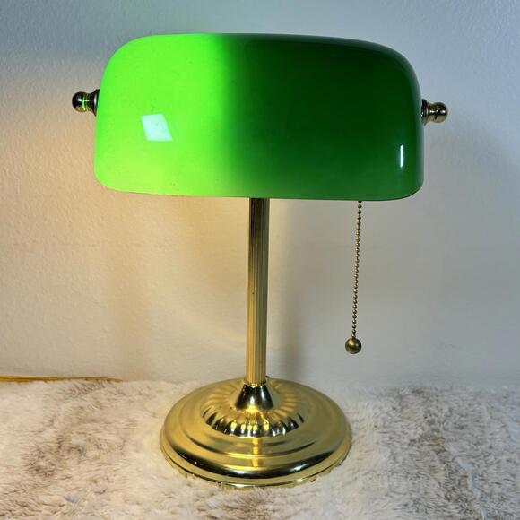 Other - Vintage Green Bankers Lamp Brass Base Pull Chain Glass Shade Works
